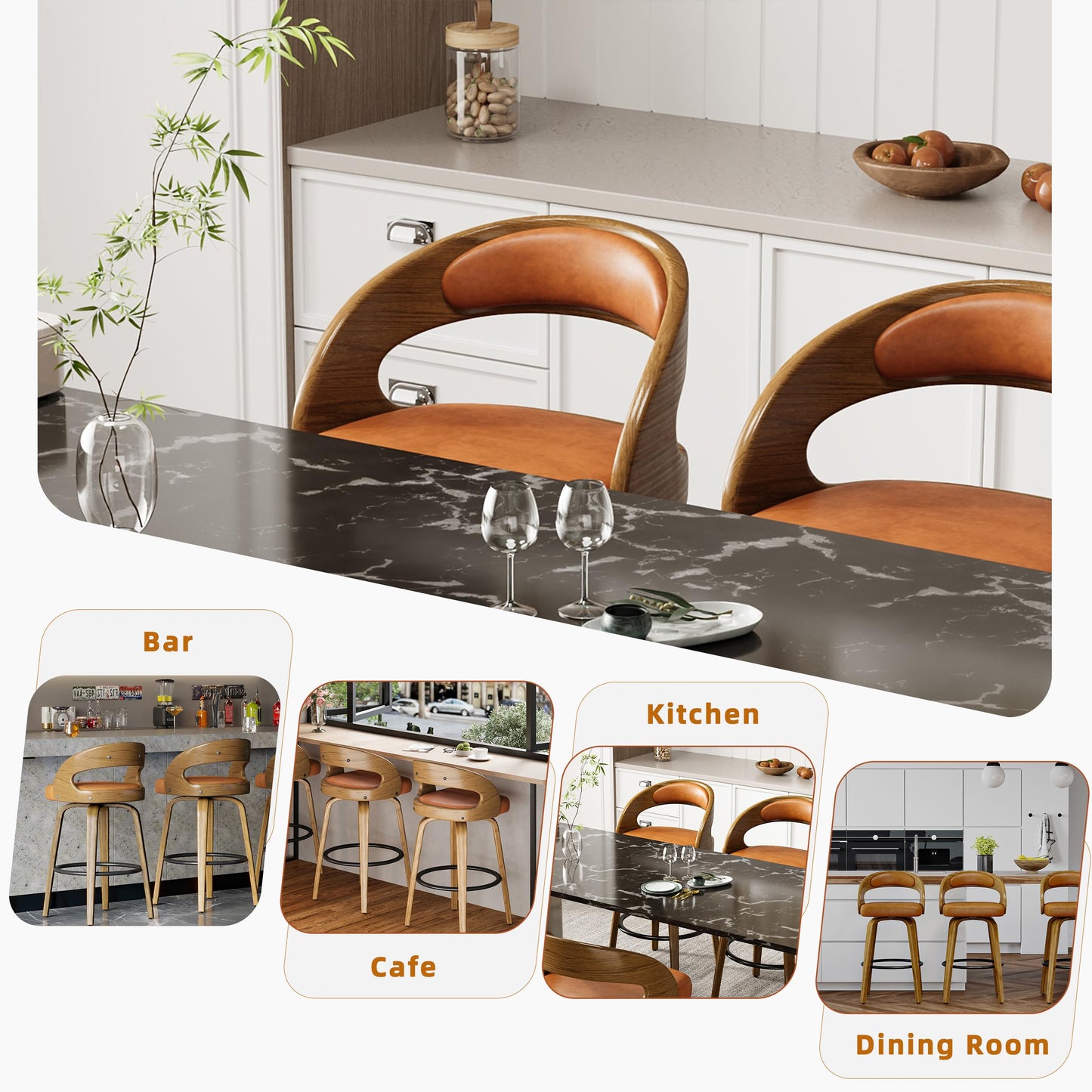 26" Counter Height Bar Stools Set of 4, Swivel Kitchen Island Stools with Ergonomic Curved Backrest, Solid Wood Legs, 300 lbs Capacity, Modern Walnut Finish, Perfect for Kitchen Island(Tawny)