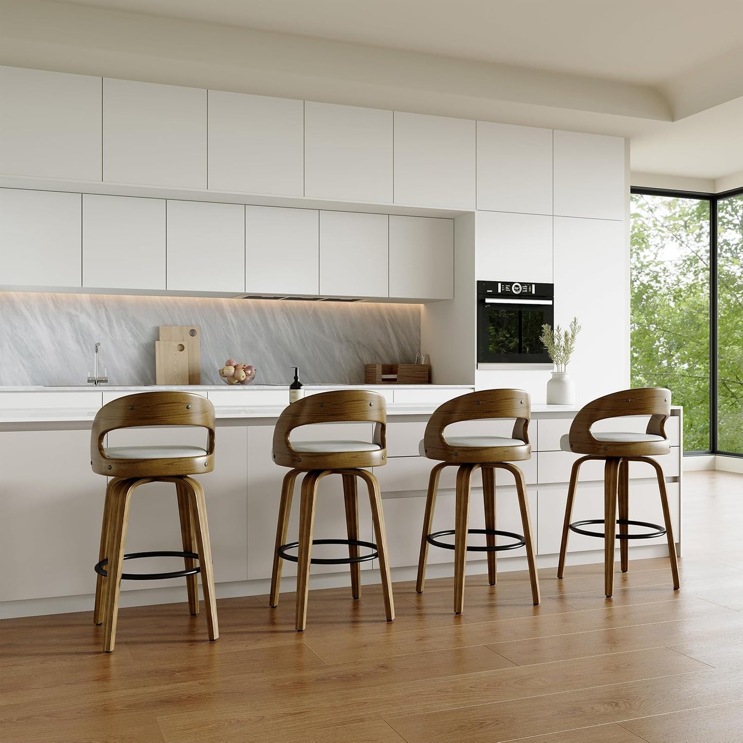 26" Counter Height Bar Stools Set of 2, Swivel Kitchen Island Stools with Ergonomic Curved Backrest, Solid Wood Legs, 300 lbs Capacity, Modern Walnut Finish, Perfect for Kitchen Island(White)