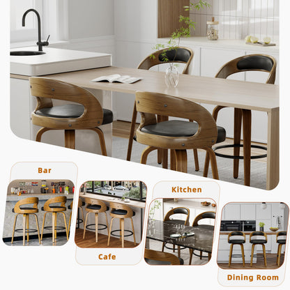 26" Counter Height Bar Stools Set of 4, Swivel Kitchen Island Stools with Ergonomic Curved Backrest, Solid Wood Legs, 300 lbs Capacity, Modern Walnut Finish, Perfect for Kitchen Island(Black)