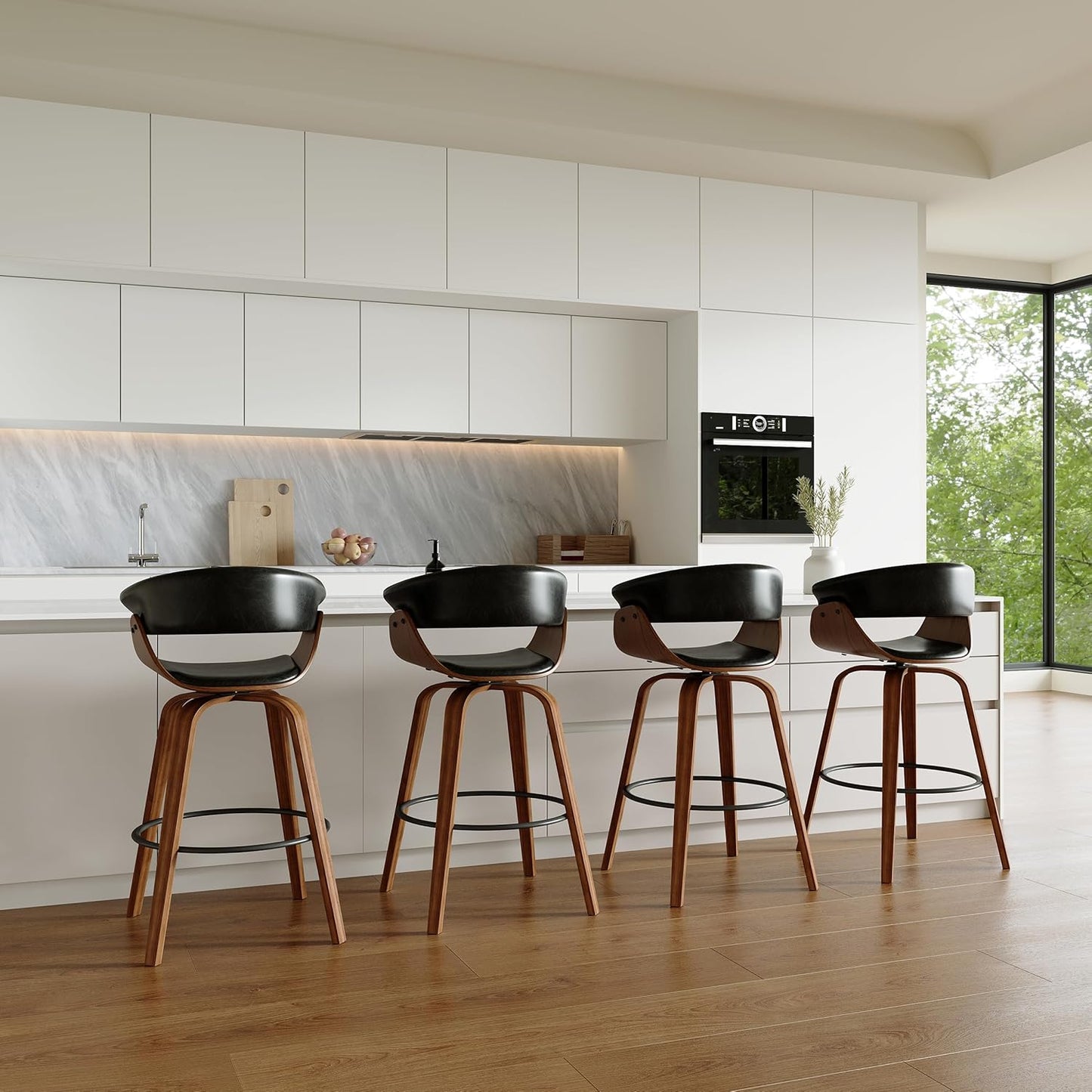 26" Counter Height Bar Stools Set of 2, Swivel Kitchen Island Stools with Ergonomic Curved Backrest, Solid Wood Legs, 300 lbs Capacity, Modern Walnut Finish, Perfect for Kitchen Island(Ebony)