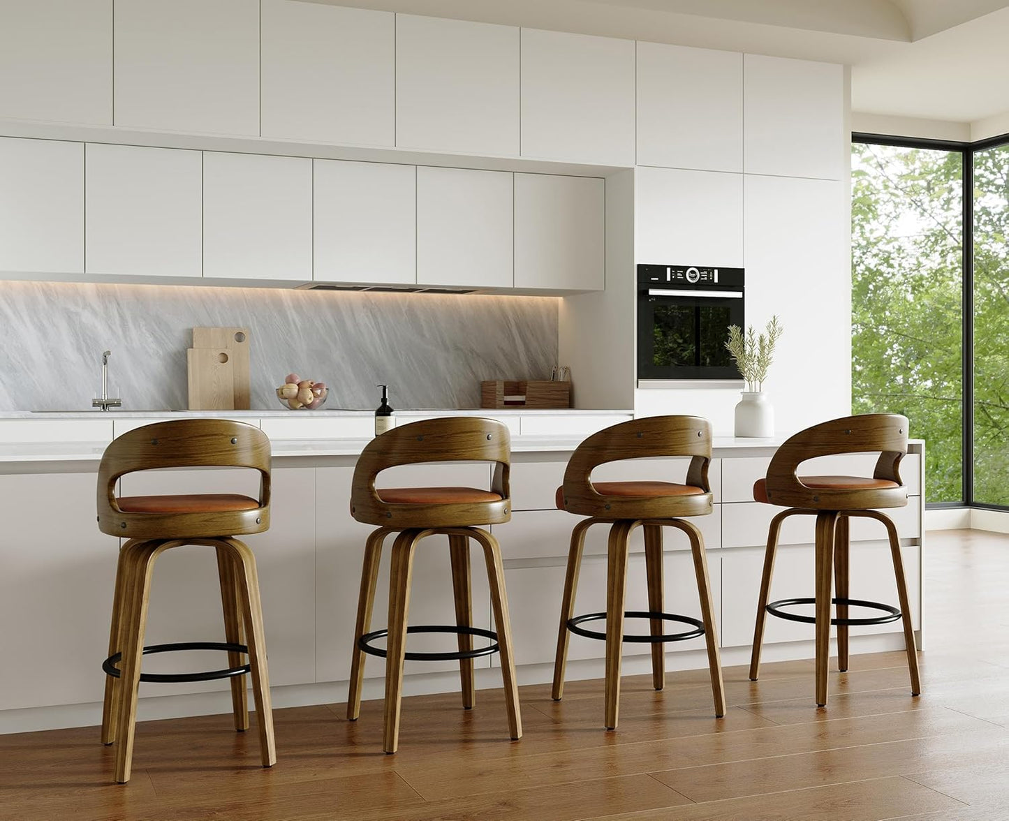 26" Counter Height Bar Stools Set of 2, Swivel Kitchen Island Stools with Ergonomic Curved Backrest, Solid Wood Legs, 300 lbs Capacity, Modern Walnut Finish, Perfect for Kitchen Island(Tawny)