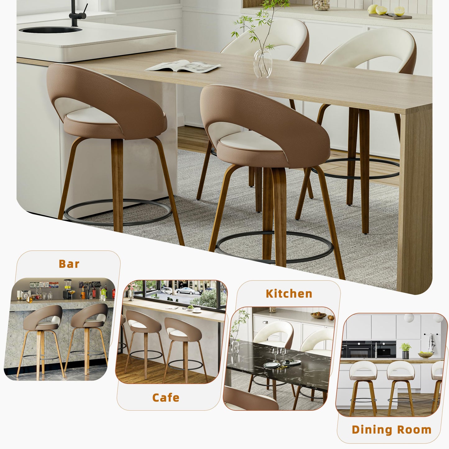 26" Counter Height Bar Stools Set of 2, Swivel Kitchen Island Stools with Ergonomic Curved Backrest, Solid Wood Legs, 300 lbs Capacity, Modern Walnut Finish, Perfect for Kitchen Island(Chestnut)