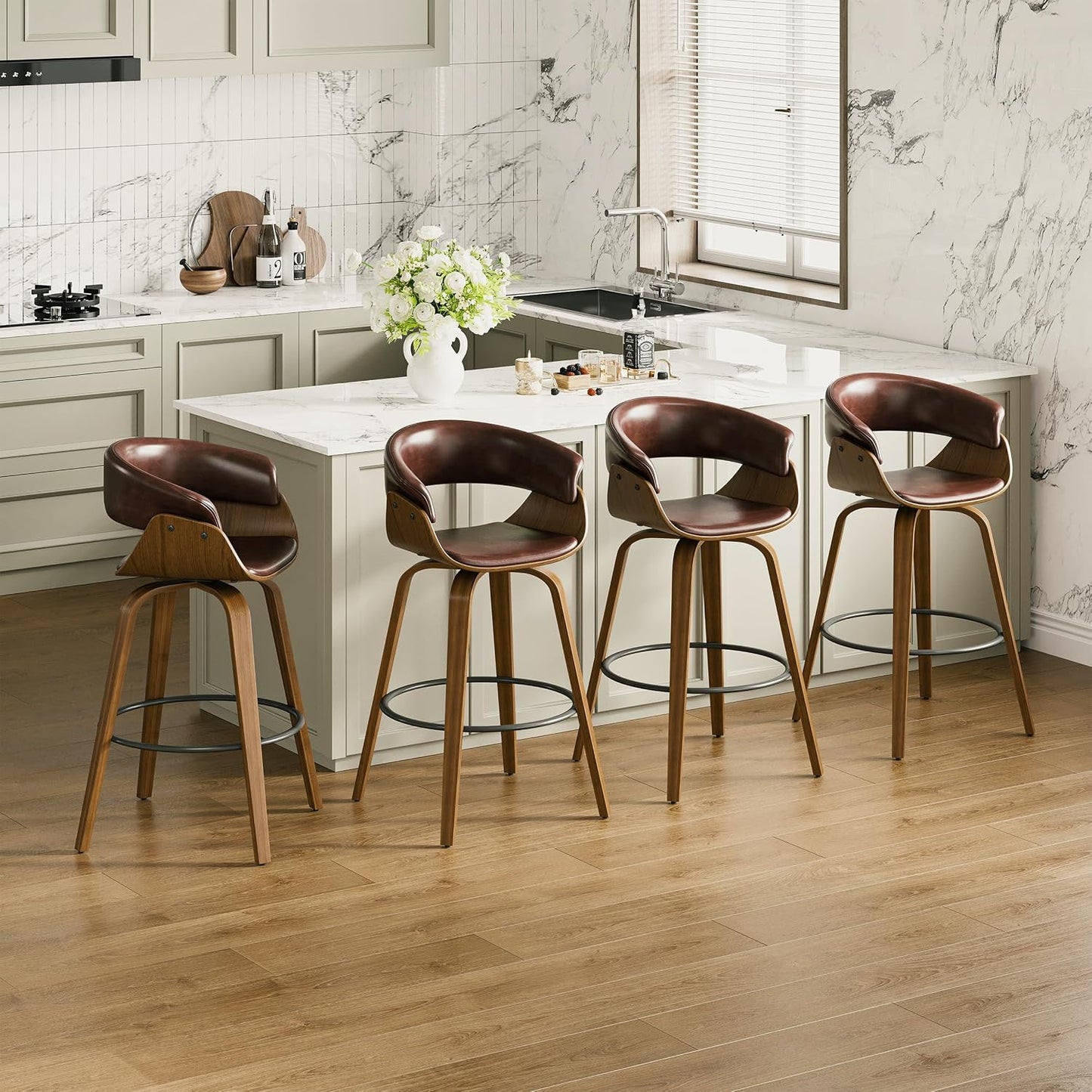 26" Counter Height Bar Stools Set of 2, Swivel Kitchen Island Stools with Ergonomic Curved Backrest, Solid Wood Legs, 300 lbs Capacity, Modern Walnut Finish, Perfect for Kitchen Island(Tan)