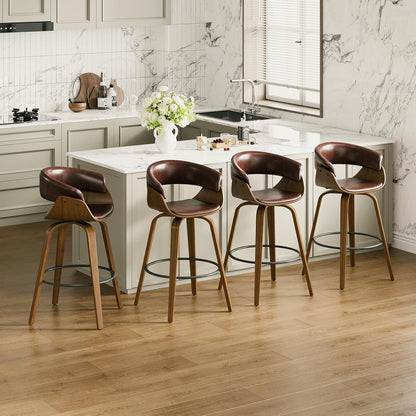 26" Counter Height Bar Stools Set of 2, Swivel Kitchen Island Stools with Ergonomic Curved Backrest, Solid Wood Legs, 300 lbs Capacity, Modern Walnut Finish, Perfect for Kitchen Island(Tan)