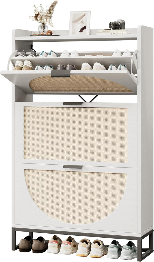 Flip Drawer Shoe Cabinet, Slim Narrow Entryway Storage Furniture with Hidden Flip-Open Organizer, Engineered Wood & Veneer Construction, Hallway Living Room Foyer, 3 Drawer, White