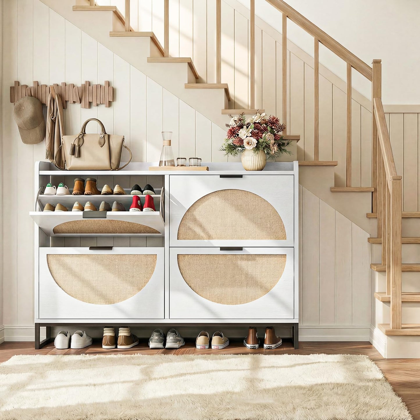 Flip Drawer Shoe Cabinet, Slim Narrow Entryway Storage Furniture with Hidden Flip-Open Organizer, Engineered Wood & Veneer Construction, Hallway Living Room Foyer, 4 Drawer, White