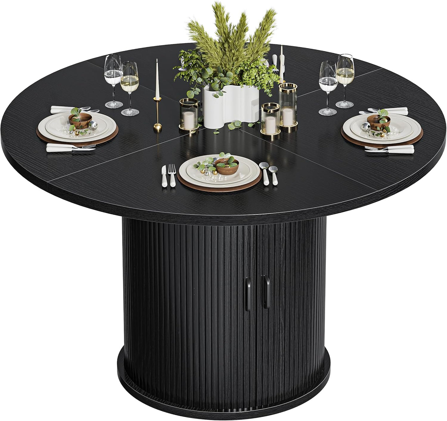47 Inch Round Dining Table with Storage, 2-Layer Shelf & Wood Slide Door, Farmhouse Style, Waterproof Top, 330 lbs Capacity, for 4-6 Person, Easy Assembly, Black