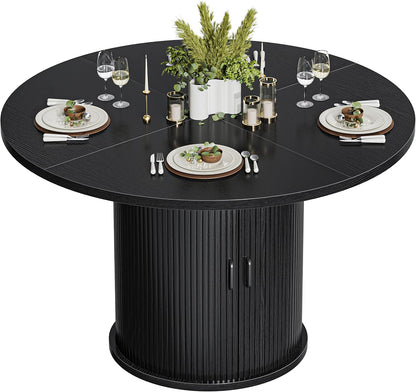 47 Inch Round Dining Table with Storage, 2-Layer Shelf & Wood Slide Door, Farmhouse Style, Waterproof Top, 330 lbs Capacity, for 4-6 Person, Easy Assembly, Black