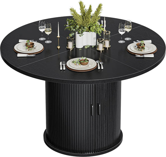 47 Inch Round Dining Table with Storage, 2-Layer Shelf & Wood Slide Door, Farmhouse Style, Waterproof Top, 330 lbs Capacity, for 4-6 Person, Easy Assembly, Black