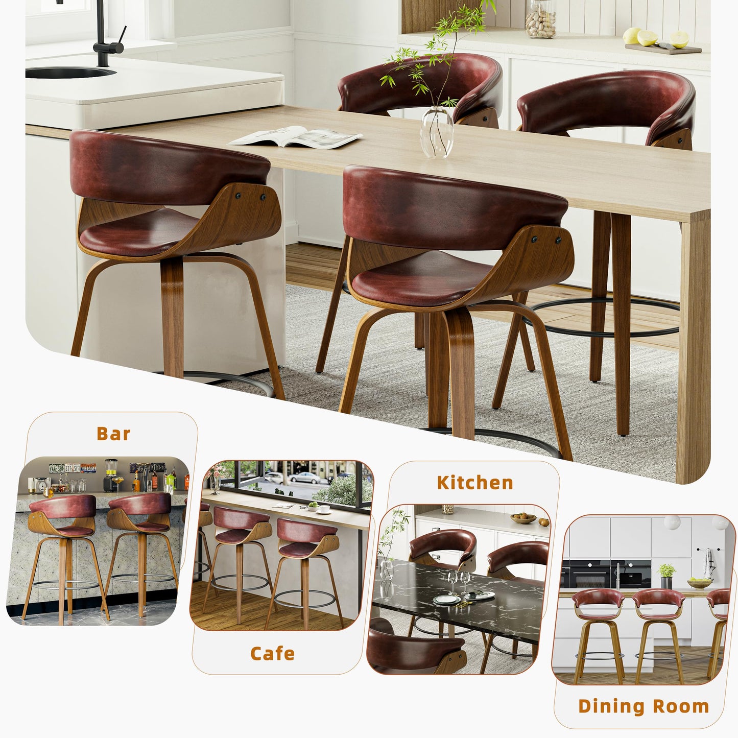 26" Counter Height Bar Stools Set of 4, Swivel Kitchen Island Stools with Ergonomic Curved Backrest, Solid Wood Legs, 300 lbs Capacity, Modern Walnut Finish, Perfect for Kitchen Island(Tan)