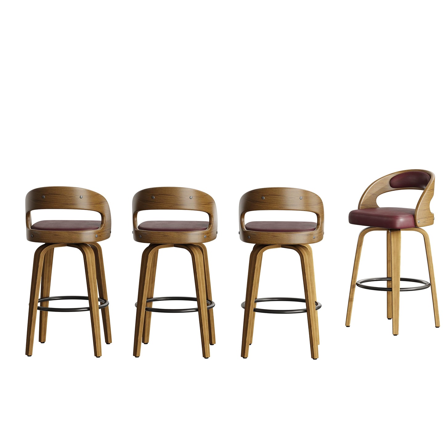26" Counter Height Bar Stools Set of 4, Swivel Kitchen Island Stools with Ergonomic Curved Backrest, Solid Wood Legs, 300 lbs Capacity, Modern Walnut Finish, Perfect for Kitchen Island(Brown)