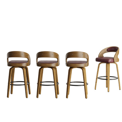 26" Counter Height Bar Stools Set of 4, Swivel Kitchen Island Stools with Ergonomic Curved Backrest, Solid Wood Legs, 300 lbs Capacity, Modern Walnut Finish, Perfect for Kitchen Island(Brown)