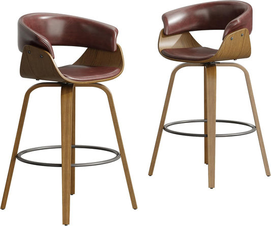 26" Counter Height Bar Stools Set of 2, Swivel Kitchen Island Stools with Ergonomic Curved Backrest, Solid Wood Legs, 300 lbs Capacity, Modern Walnut Finish, Perfect for Kitchen Island(Tan)