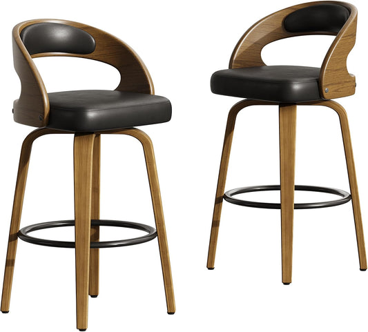 26" Counter Height Bar Stools Set of 2, Swivel Kitchen Island Stools with Ergonomic Curved Backrest, Solid Wood Legs, 300 lbs Capacity, Modern Walnut Finish, Perfect for Kitchen Island(Black)