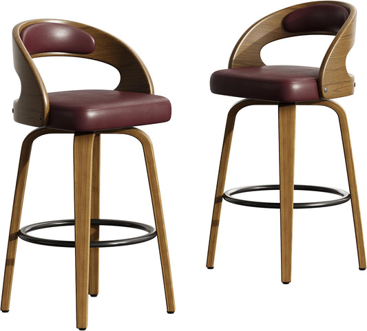 26" Counter Height Bar Stools Set of 2, Swivel Kitchen Island Stools with Ergonomic Curved Backrest, Solid Wood Legs, 300 lbs Capacity, Modern Walnut Finish, Perfect for Kitchen Island(Brown)