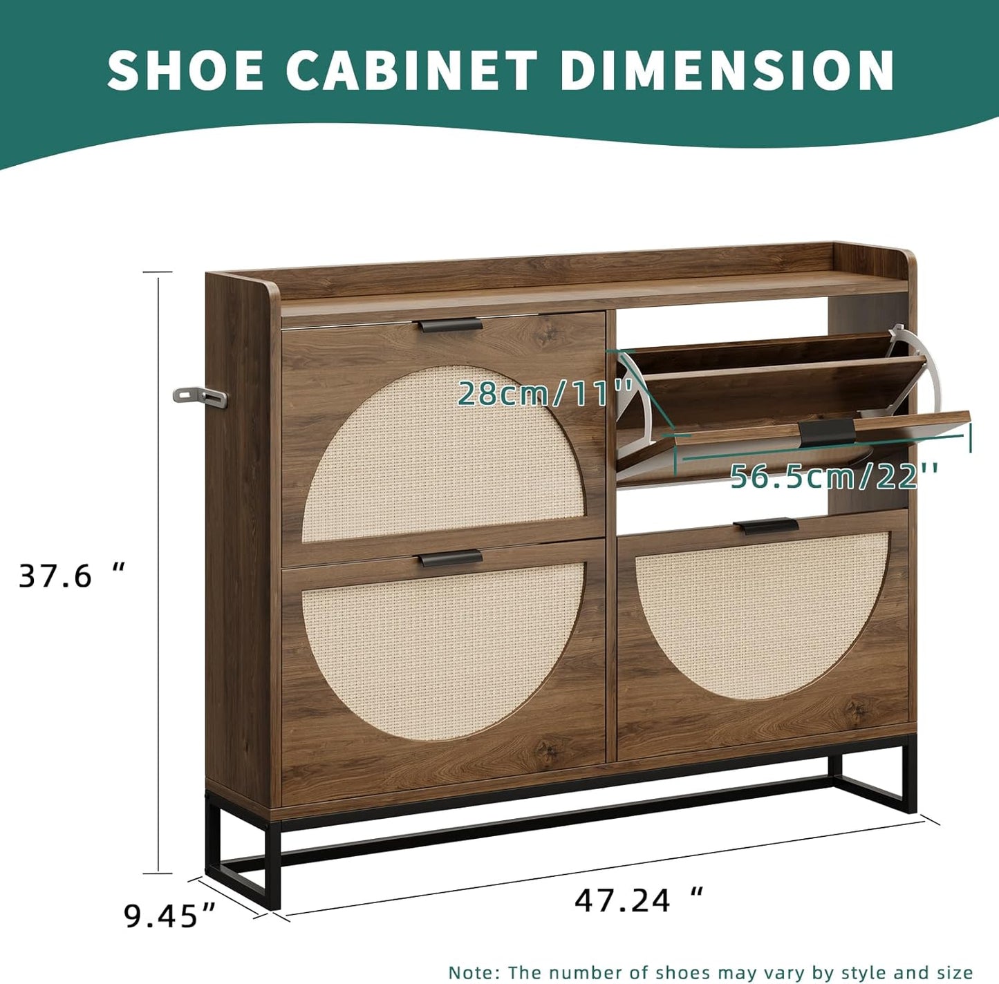 Flip Drawer Shoe Cabinet, Slim Narrow Entryway Storage Furniture with Hidden Flip-Open Organizer, Engineered Wood & Veneer Construction, Hallway Living Room Foyer, 4 Drawer, Oak