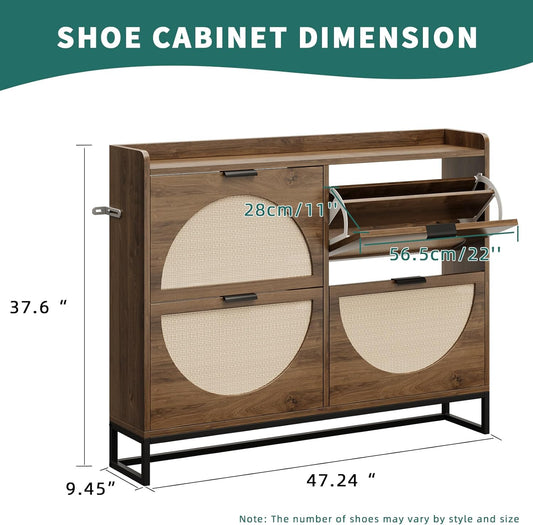 Flip Drawer Shoe Cabinet, Slim Narrow Entryway Storage Furniture with Hidden Flip-Open Organizer, Engineered Wood & Veneer Construction, Hallway Living Room Foyer, 4 Drawer, Oak