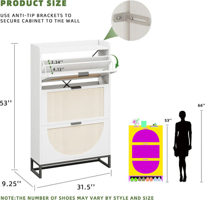 Flip Drawer Shoe Cabinet, Slim Narrow Entryway Storage Furniture with Hidden Flip-Open Organizer, Engineered Wood & Veneer Construction, Hallway Living Room Foyer, 3 Drawer, White