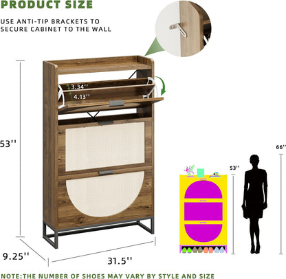 Flip Drawer Shoe Cabinet, Slim Narrow Entryway Storage Furniture with Hidden Flip-Open Organizer, Engineered Wood & Veneer Construction, Hallway Living Room Foyer, 3 Drawer, Oak