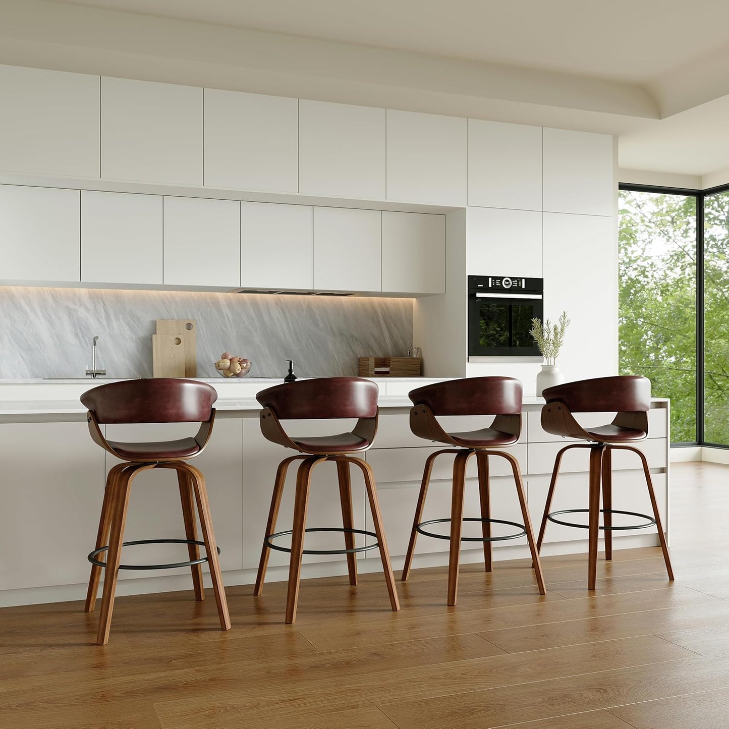 26" Counter Height Bar Stools Set of 2, Swivel Kitchen Island Stools with Ergonomic Curved Backrest, Solid Wood Legs, 300 lbs Capacity, Modern Walnut Finish, Perfect for Kitchen Island(Tan)