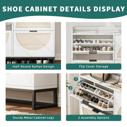 Flip Drawer Shoe Cabinet, Slim Narrow Entryway Storage Furniture with Hidden Flip-Open Organizer, Engineered Wood & Veneer Construction, Hallway Living Room Foyer, 4 Drawer, White