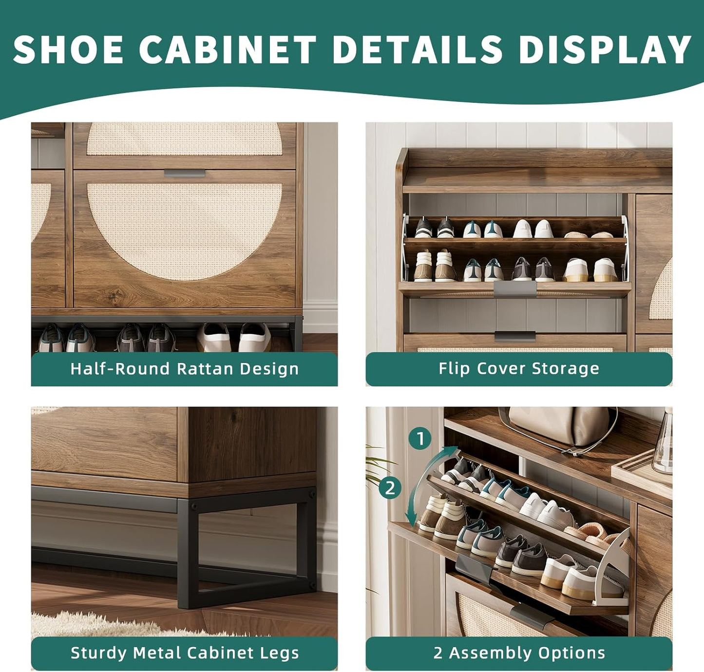 Flip Drawer Shoe Cabinet, Slim Narrow Entryway Storage Furniture with Hidden Flip-Open Organizer, Engineered Wood & Veneer Construction, Hallway Living Room Foyer, 4 Drawer, Oak