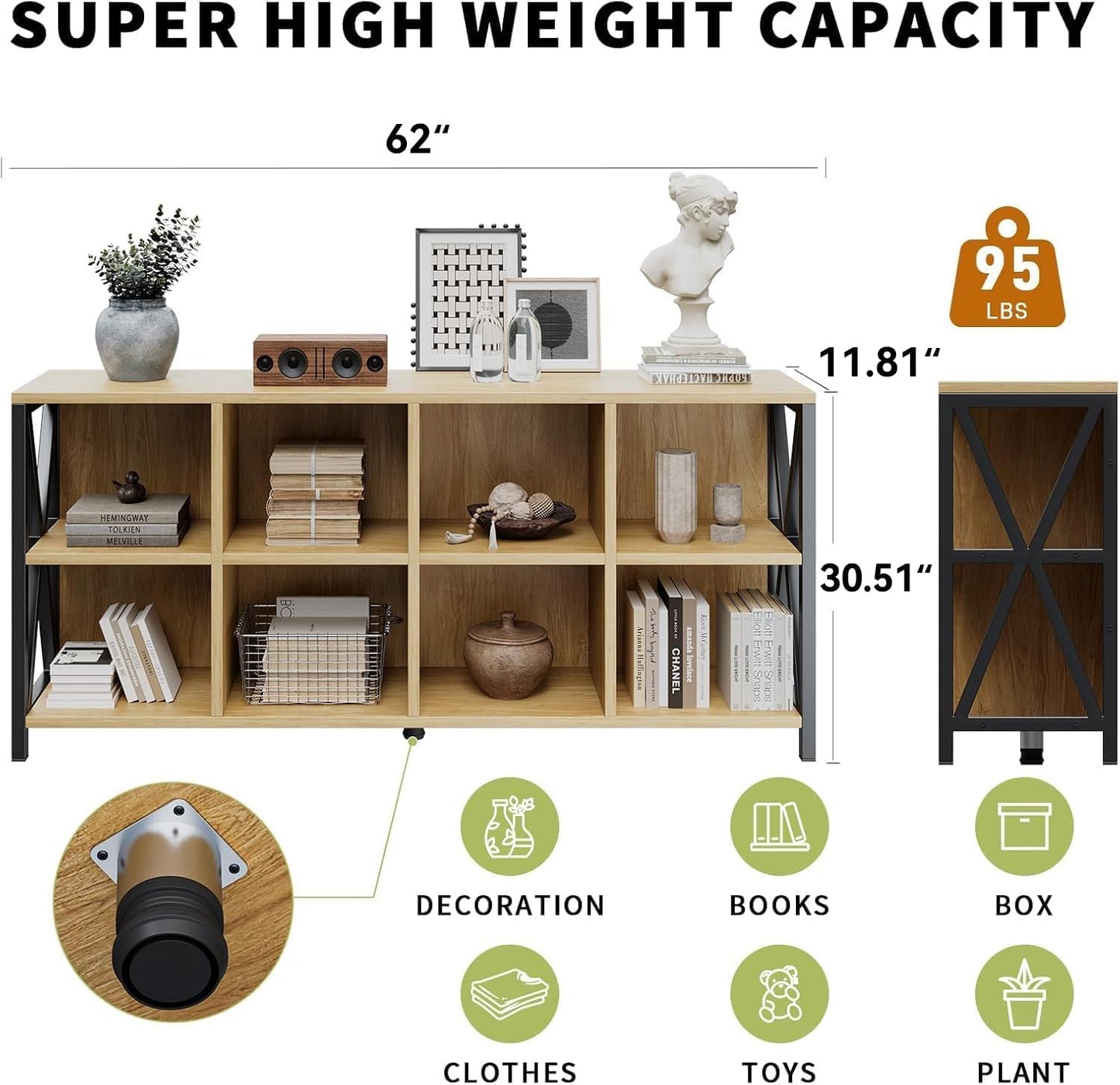 8 Cube Organizer Horizontal Bookshelf, Metal X-Bracket Reinforced Storage Bookcase, Farmhouse Display Shelf with Adjustable Feet, for Living Room Home Office Entryway (63",Maple)