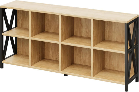 8 Cube Organizer Horizontal Bookshelf, Metal X-Bracket Reinforced Storage Bookcase, Farmhouse Display Shelf with Adjustable Feet, for Living Room Home Office Entryway (63",Maple)