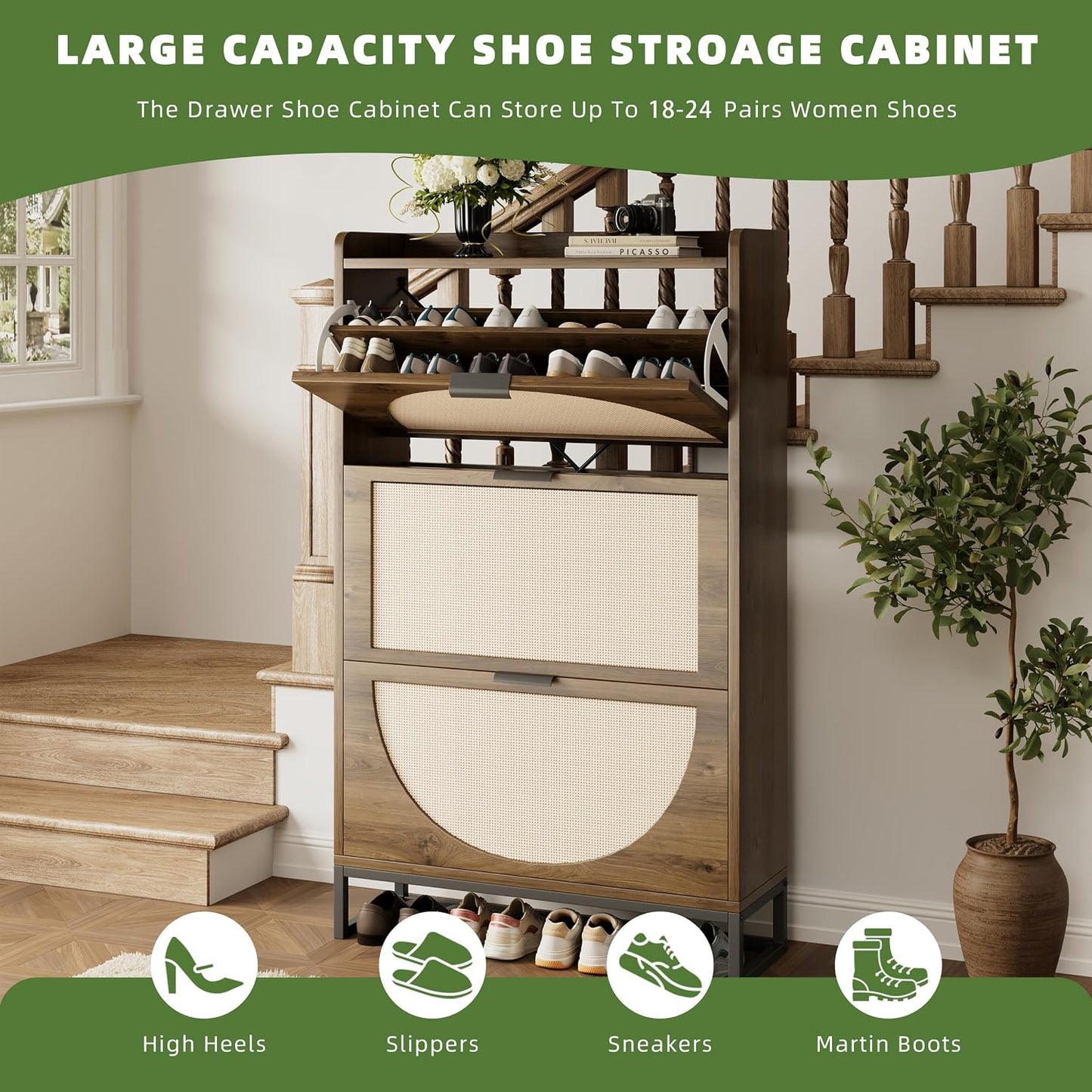 Flip Drawer Shoe Cabinet, Slim Narrow Entryway Storage Furniture with Hidden Flip-Open Organizer, Engineered Wood & Veneer Construction, Hallway Living Room Foyer, 3 Drawer, Oak
