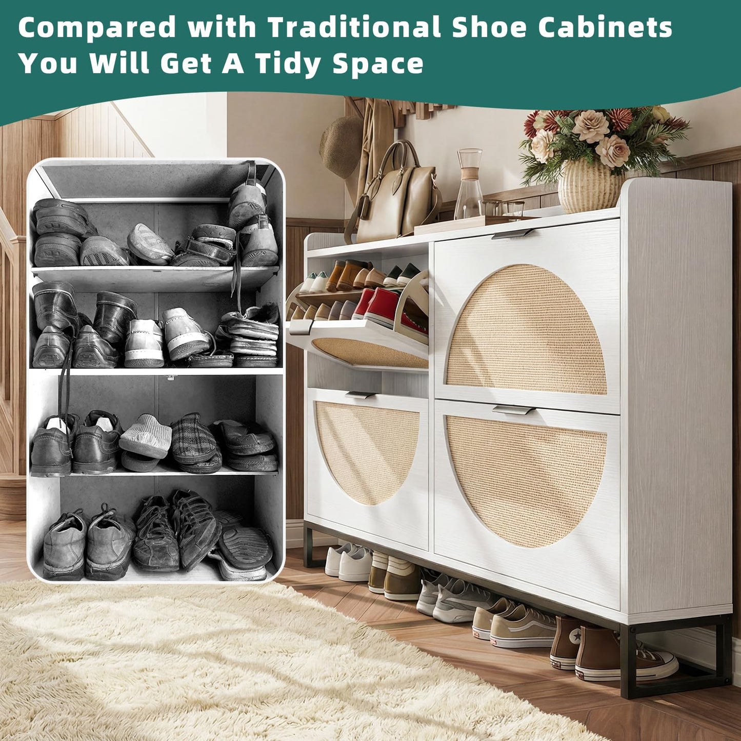 Flip Drawer Shoe Cabinet, Slim Narrow Entryway Storage Furniture with Hidden Flip-Open Organizer, Engineered Wood & Veneer Construction, Hallway Living Room Foyer, 4 Drawer, White