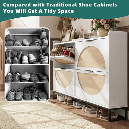 Flip Drawer Shoe Cabinet, Slim Narrow Entryway Storage Furniture with Hidden Flip-Open Organizer, Engineered Wood & Veneer Construction, Hallway Living Room Foyer, 4 Drawer, White